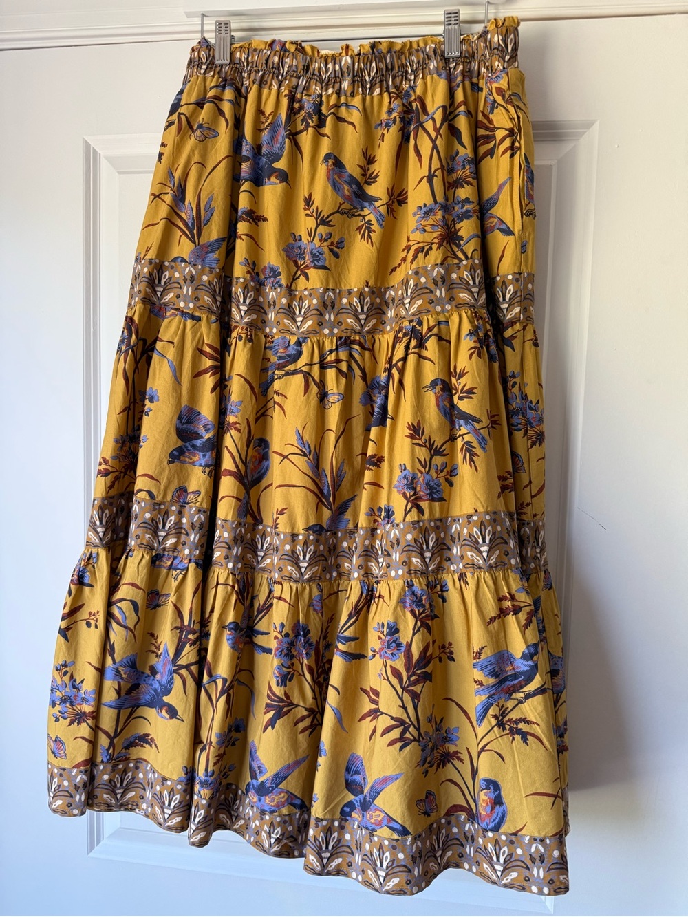 Sundance Parisian Menagerie Tiered Bird Print Midi Skirt in Mustard, Lined, XL - Picture 6 of 14
